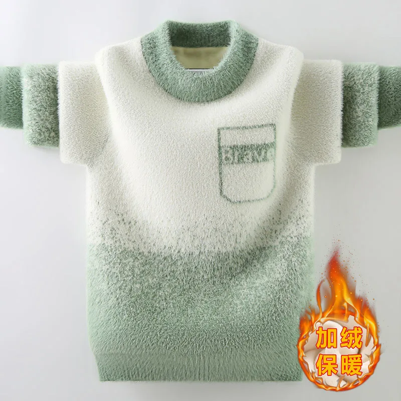 Children\'s Thickend Plush Pullover Sweaters 2023 Autumn Winter New Fluff O-Neck Knitwear Lattice Sweaters for Boys 4-12T