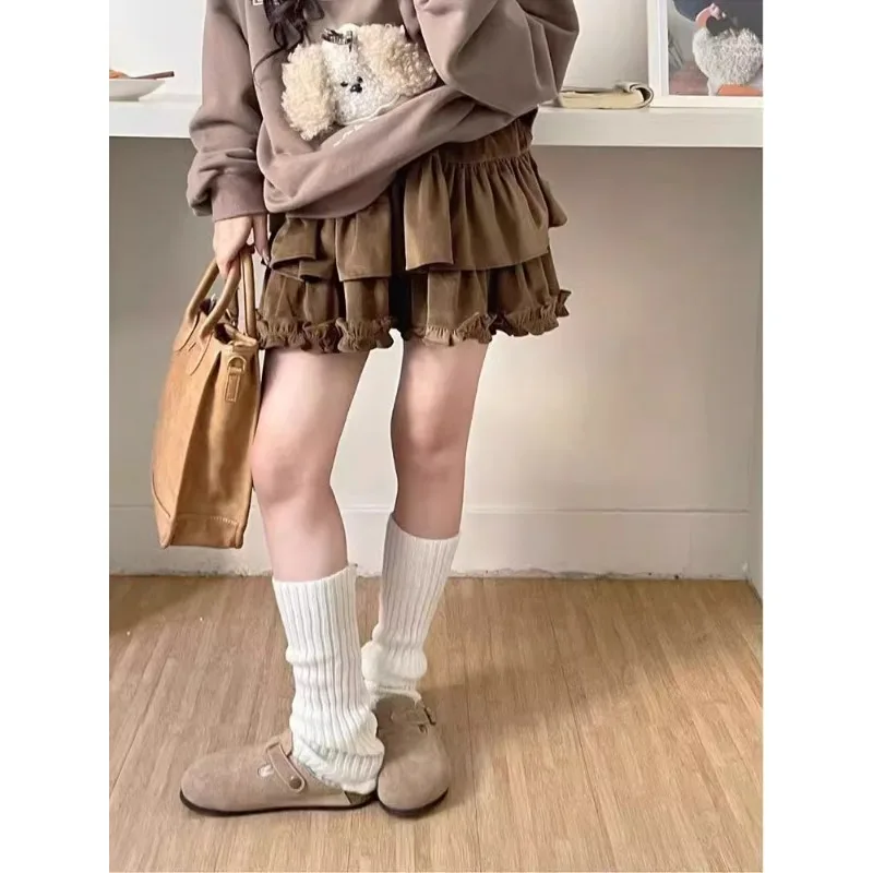 Autumn Winter Cake Skirt Brown Ruffle Y2k Fashion Casual Corduroy Mini Short Skirt Women Vintage Lolita Cute Retro Skirts