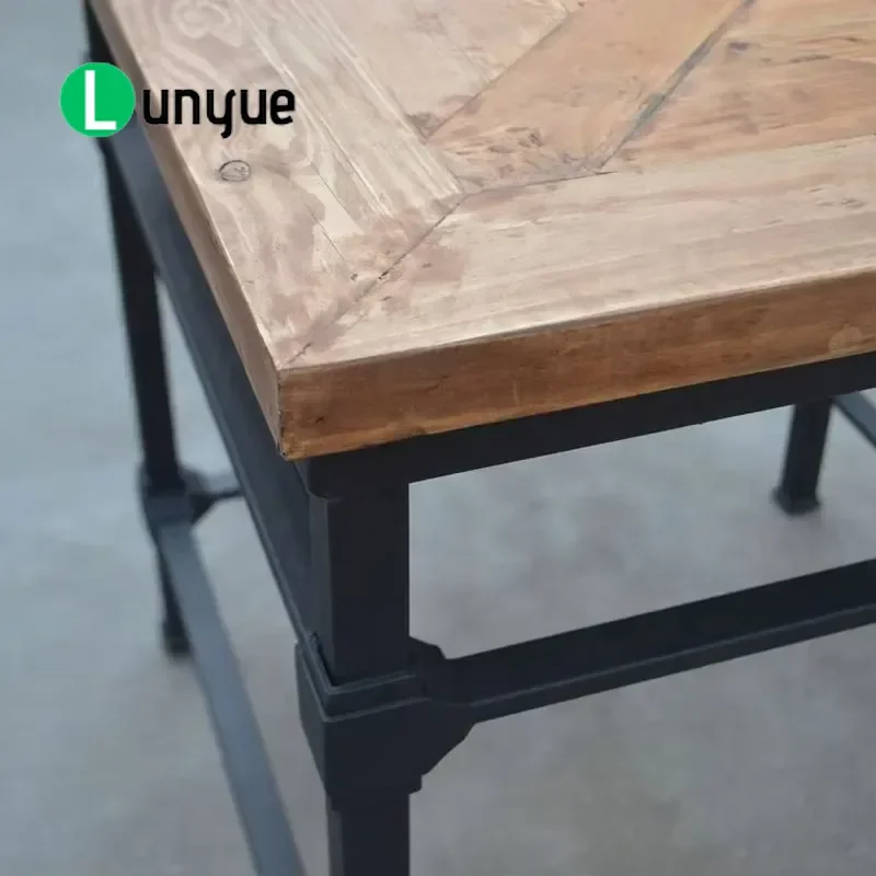 French Industrial Iron Frame Recycled Pine Desktop Antique Metal Hollow Square Side Table for Porch Living Room Vintage Decor
