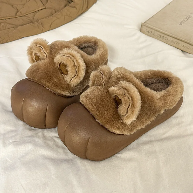 Winter Plush Bear Ear Waterproof Slippers Cute Thickened Home Non Slip Warm Shoes Bedroom Parent‑child Warm Slippers