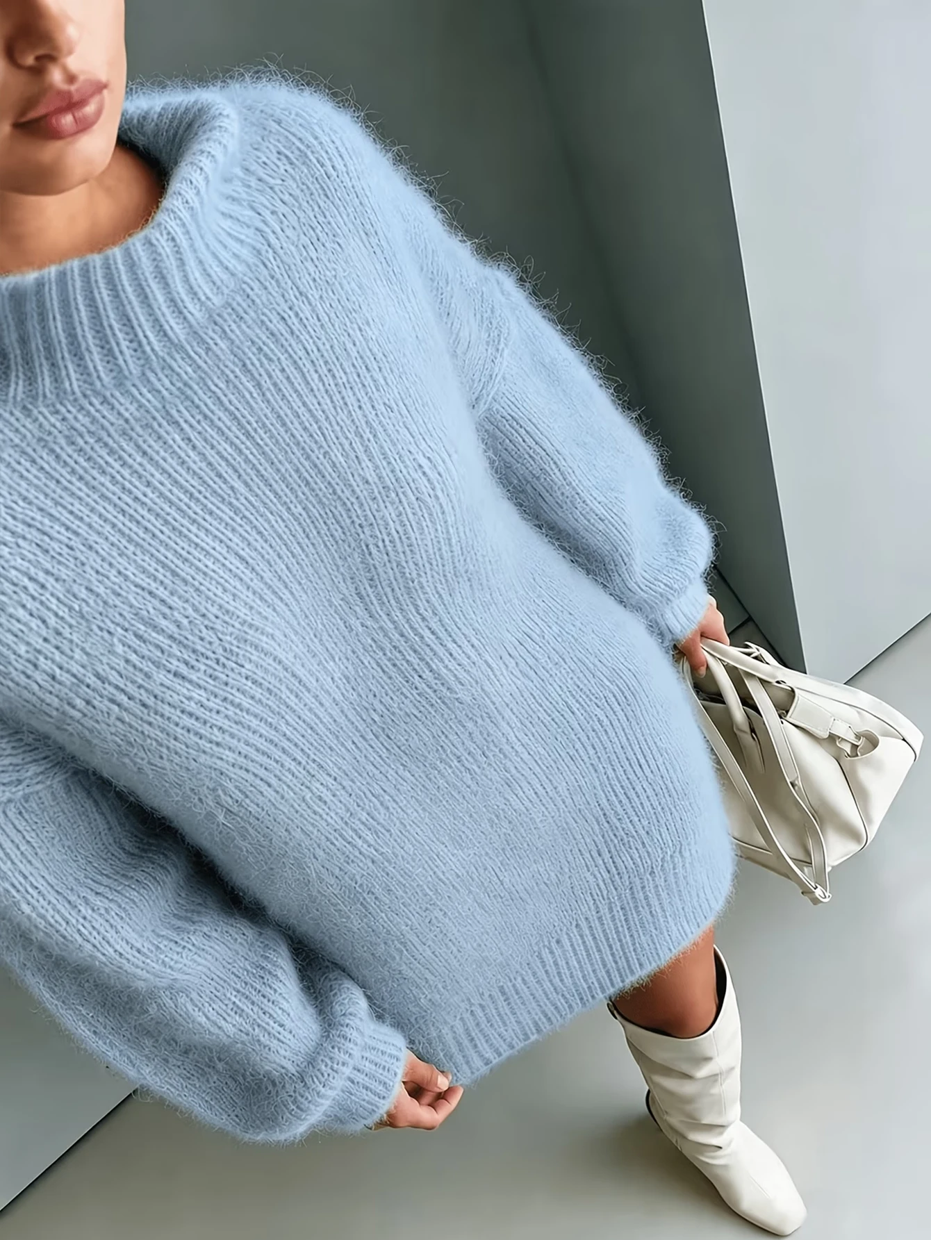Damen-Plüsch-Halbrollkragen-Pulloverkleid, Herbst/Winter Lässiges Kurzes Kleid mit Lockerer Passform – Detail 6