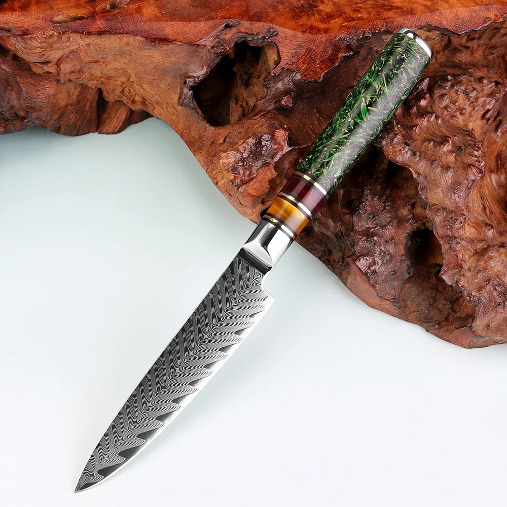 

Кухонный нож ручной работы из дамасской стали, 5 дюймов, универсальный, острый, для дома, многофункциональный, для чистки овощей, с рукоятью из рисовой шелухи и смолы