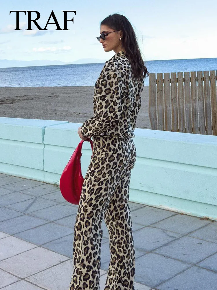 TRAF 2024 Spring Women\'s Leopard Print Wide Leg Pants Suit Long Sleeve Pocket Shirt+High Waist Straight Pants Set Streetwear