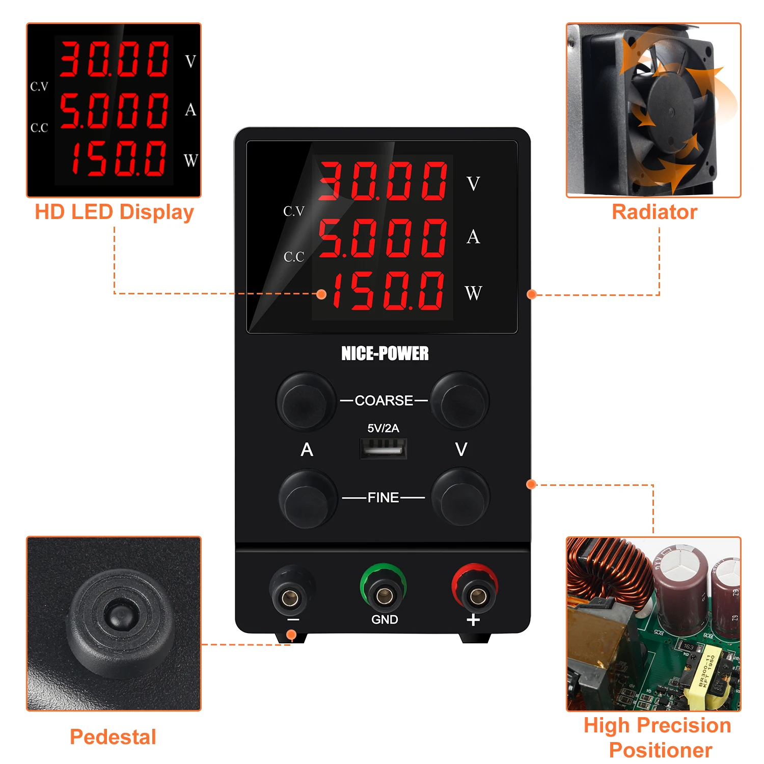 Fuente de alimentación de 30V 5A DC, pantalla de cuatro dígitos, 4 perillas para afinar la salida USB 5V2A, potencia Industrial estable