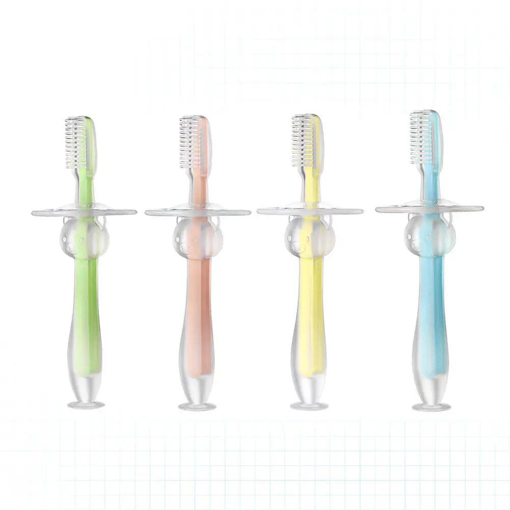 

4Pcs Infant Baby Toothbrush Silicone Teether Soft Bristles Toddler Teeth Cleaner Standing Suction Grip Training Brush
