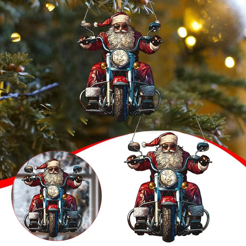 1Pc Motorcycle Rider Santa Claus Christmas Ornaments On Decorations Hanging Pendant Ornament Painted Acrylic Motorcycle San G4I6