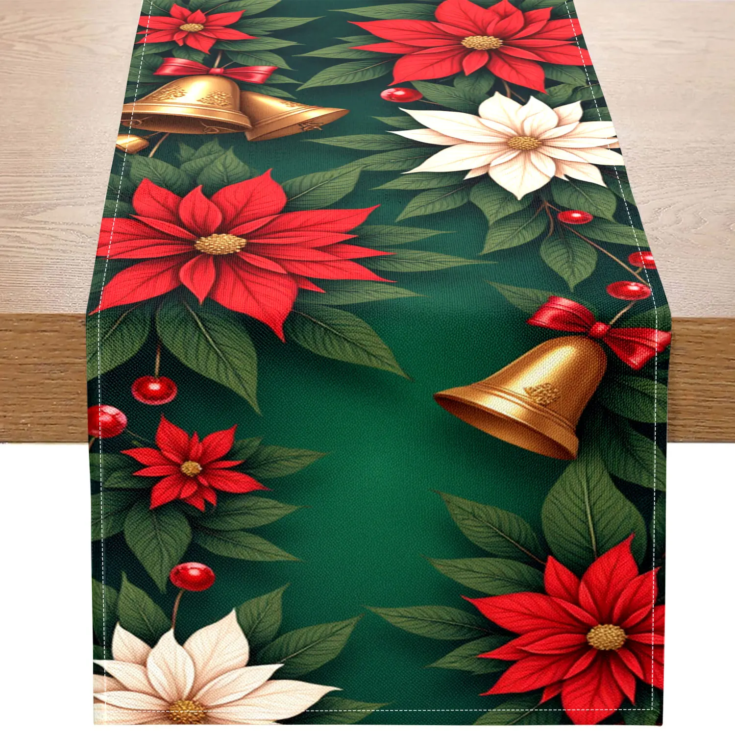 قطعة واحدة من مفرش طاولة بطابع عيد الميلاد، تتميز بونسيتيا وأجراس وأنماط زهور، مناسبة لحفلات عيد الميلاد وديكور المنزل في العطلات #1