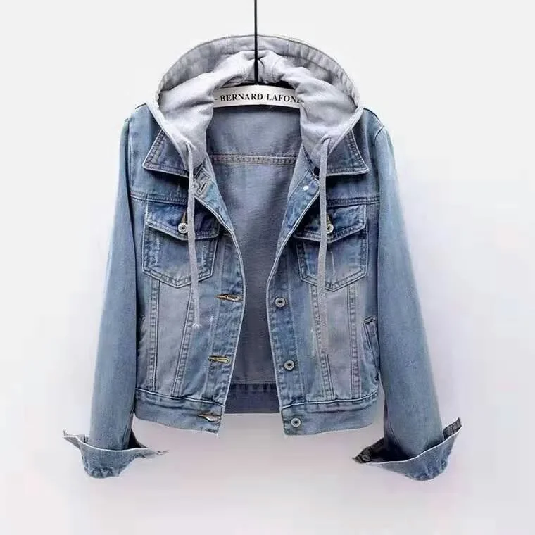 Denim Jacket Women's Cropped 2024 Spring Autumn New Long Sleeves Slims Smooths Your Silhouette Hoode