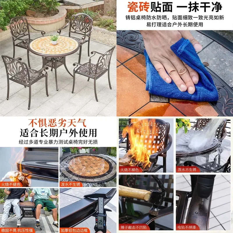Aluminum Round Patio Dining Set Outdoor Tile Top Table and Chairs for Balcony Courtyard Garden Leisure Area