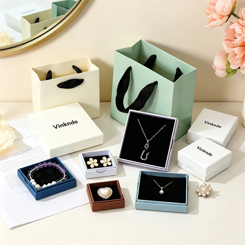 

50Pcs Custom Logo 1.5cm Thin Necklace Earrings Jewelry Packaging Boxes Cardboard Ring Bracelet Brooch Storage Lid and Base Box