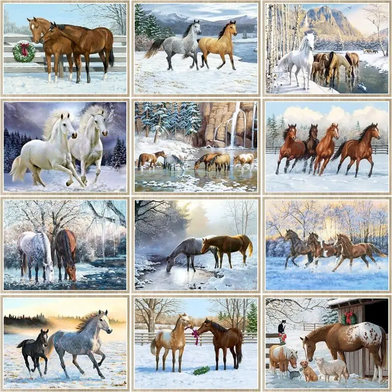 

CHENISTORY Pictures By Number Horses in the Snow Kits Home Decor Painting By Numbers Winter Drawing On Canvas HandPainted Art