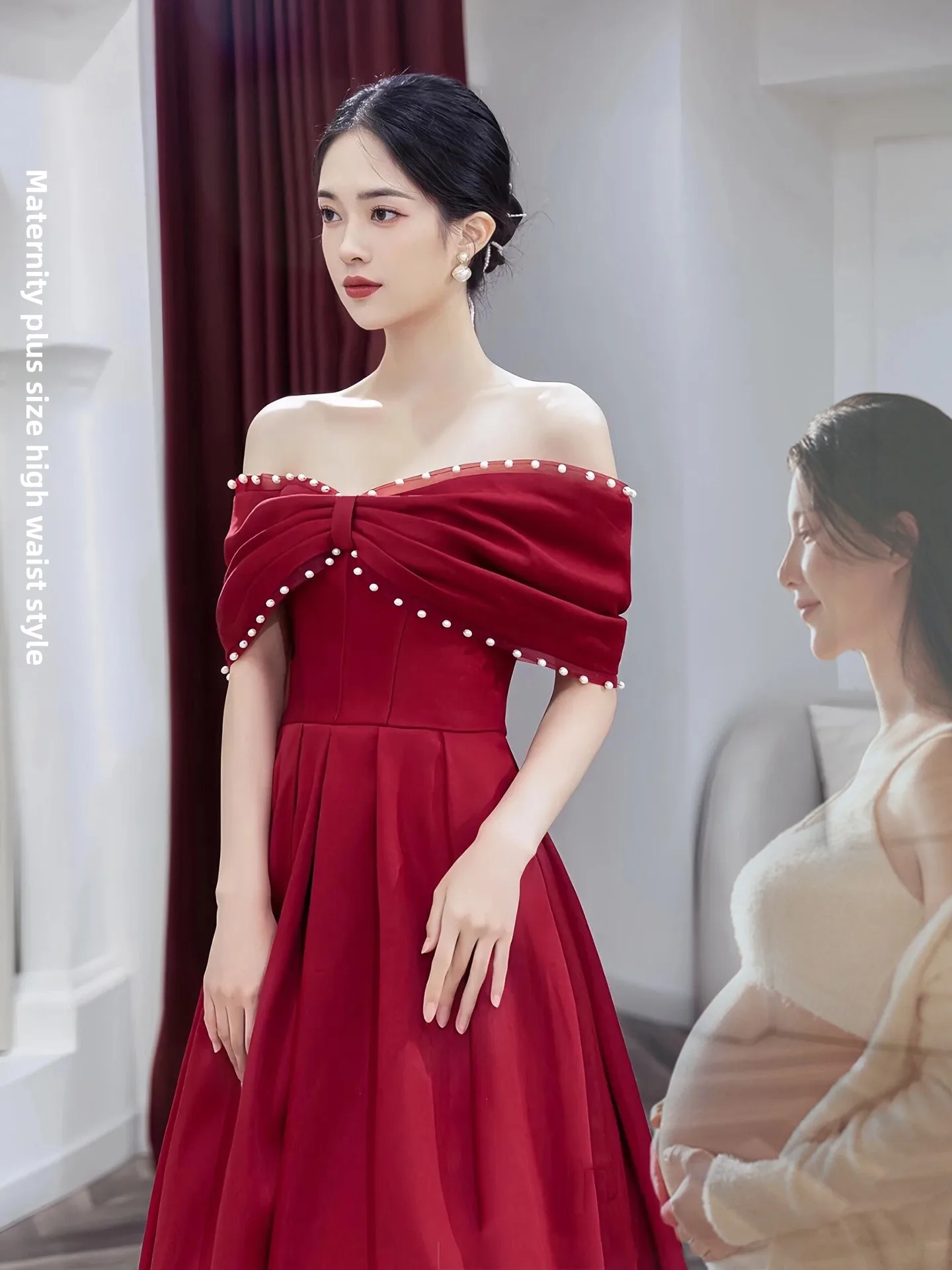 

plus Size High Waist Wedding Dr Red Ele Materni Gown Cover Belly Bridal Par Return Gift Long Evening Gown