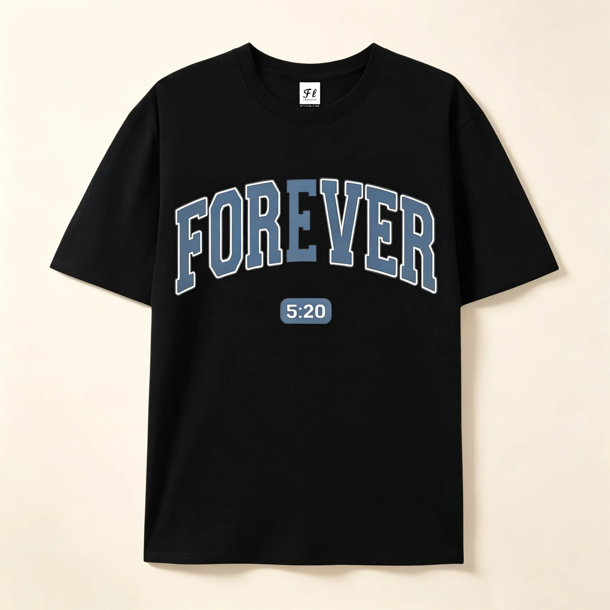 FOREVER 5:20 Retro Collegiate Letter Print Crew Neck T‑Shirt American Casual Text Pattern Top