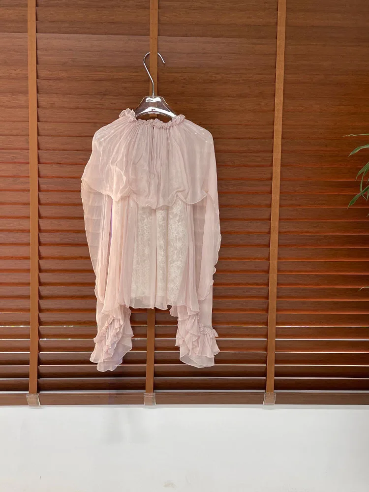 Lace ruffled loose top, stylish and high-end, versatile pink tops for women in 2026 summer collection view 6