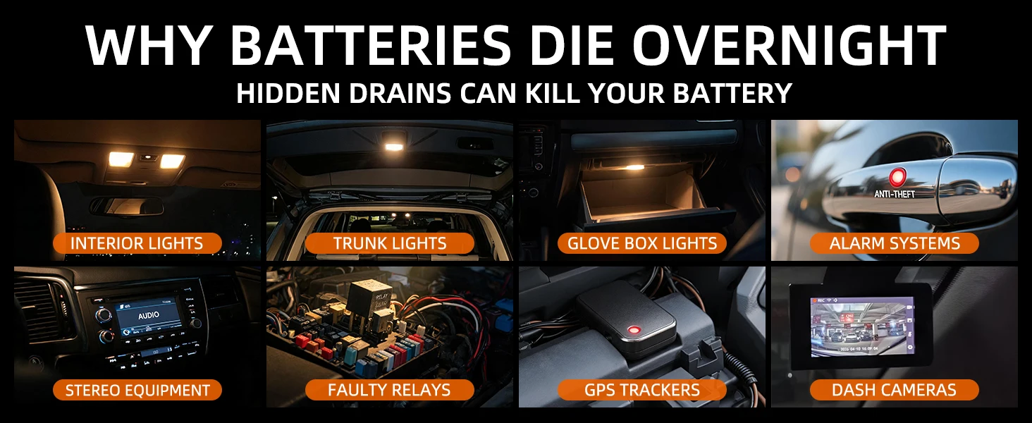 Parasitärer Batterieverbrauchstester, Auto-Batterie-Leckagedetektor mit Sicherung, sicherer Stromleckfinder ohne Trennung, Diagnosetool – Detail 2