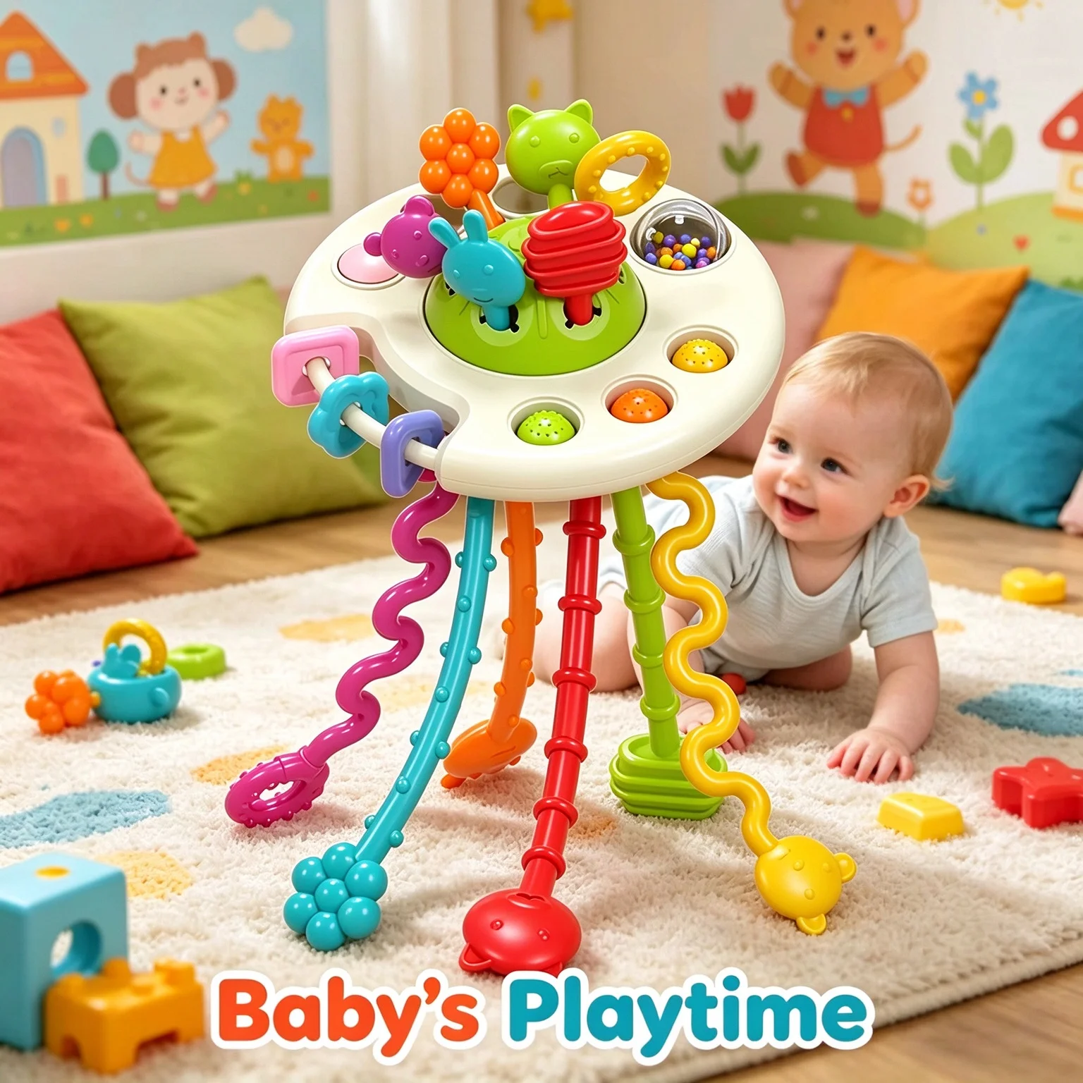 Activity development: Pull string toys, silicone bells, educational learning toys, baby sensory Montessori toys, gifts