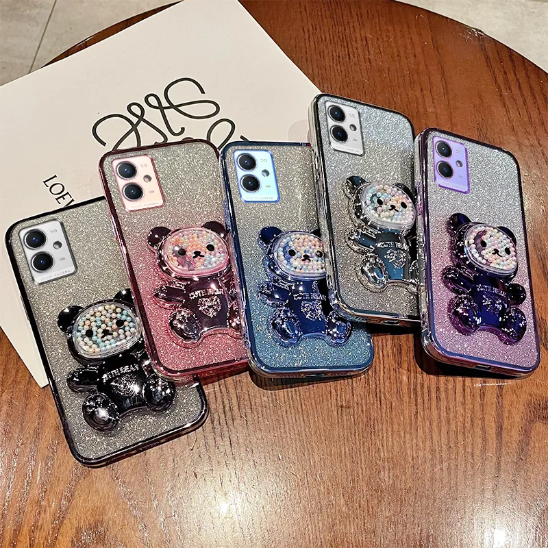 For Vivo Y75 5G Case Soft Silicone Bling Shockproof Electroplated TPU Cell Phone Casing For V2142 Back Cover Cute Bear Stand