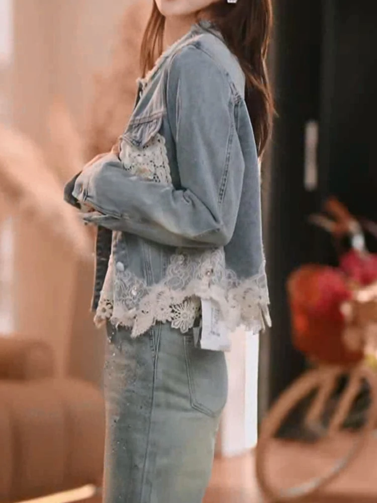 Lace Stitched Loose Lapel Chic Denim Jackets Women's 2025 Spring New Contrast Color Long-sleeve Tops Feminine Trendy Denim Coats