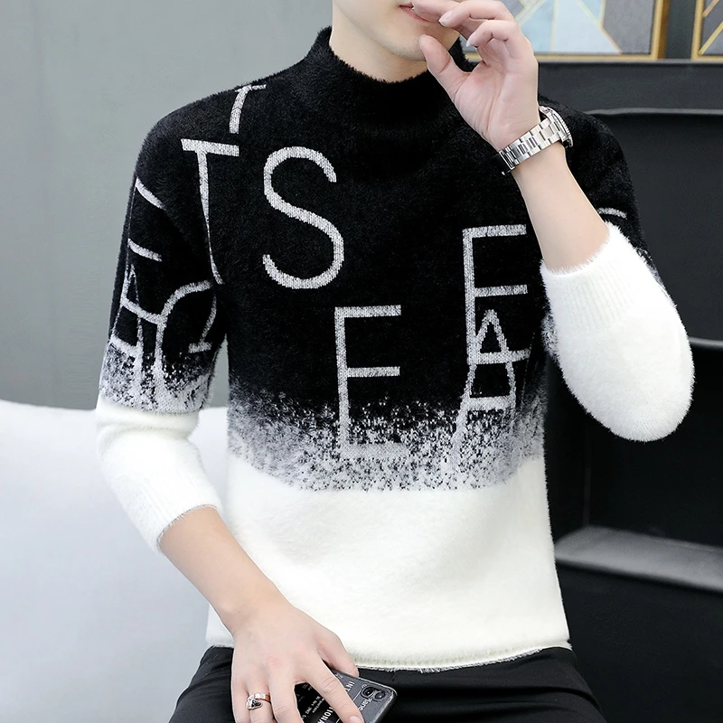 

Мужской вязаный свитер из флиса с высоким воротником, градиентным цветом и подкладкой из флиса, осенне-зимняя мода