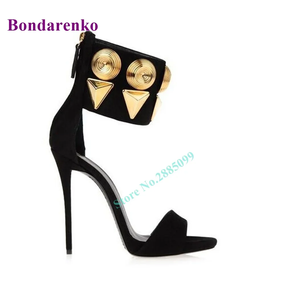 New Metal Rivet Suede Sandals Women Shoes Open Toe Hollow Ankle Straps Sandals Stiletto Heel Back Zipper Solid Summer Party Shoe