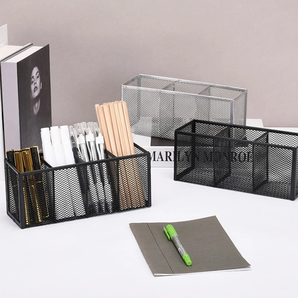 Iron Pen Holder Mesh Pencil Brush Storage Box Desktop Organizer Stationery Holder Cutter Makeup Tool Box Home Office Use