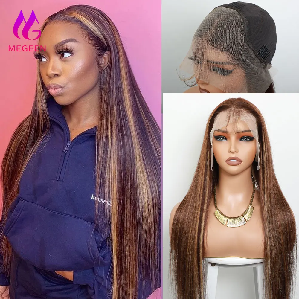 شعر مستعار أمامي من الدانتيل الشفاف Megeen ، شعر بشري مبرز ، عسل أشقر ، مستقيم ، ملون ، أومبير ، ريمي ، 13 × 4 ، P4 ، 27