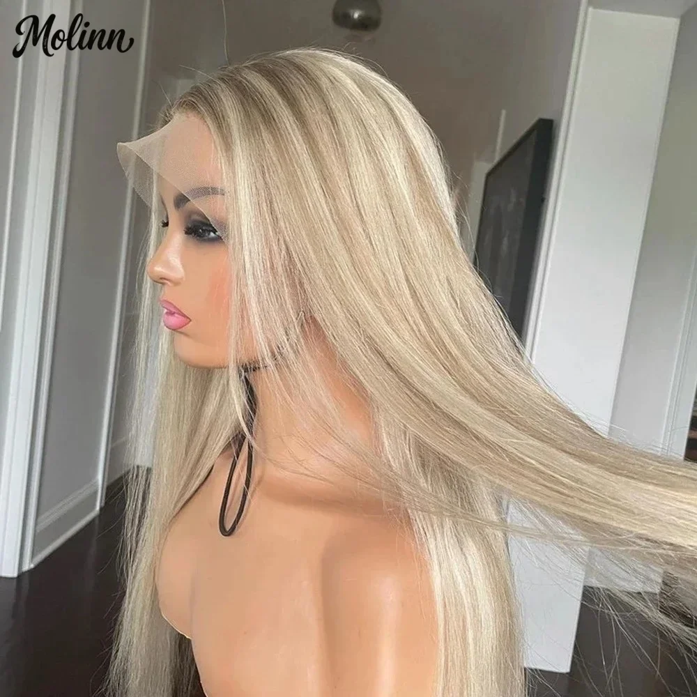 Realistic Look Natural Hairline Glueless Wigs Ombre Ash Platinum Blonde With Streaks Synthetic Lace Top Wig Straight For Women
