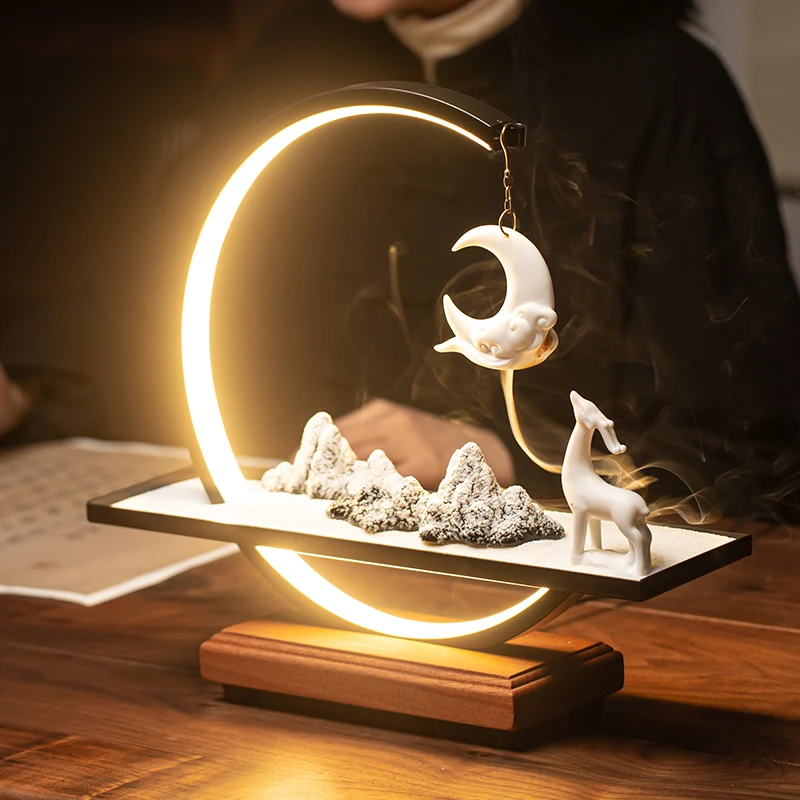 Imagem -02 - Usb Light Ring Backflow Incenso Queimador com Quicksand Rockery Home Decor Ornamentos Libai Deer Teahouse Zen Incenso Base fy