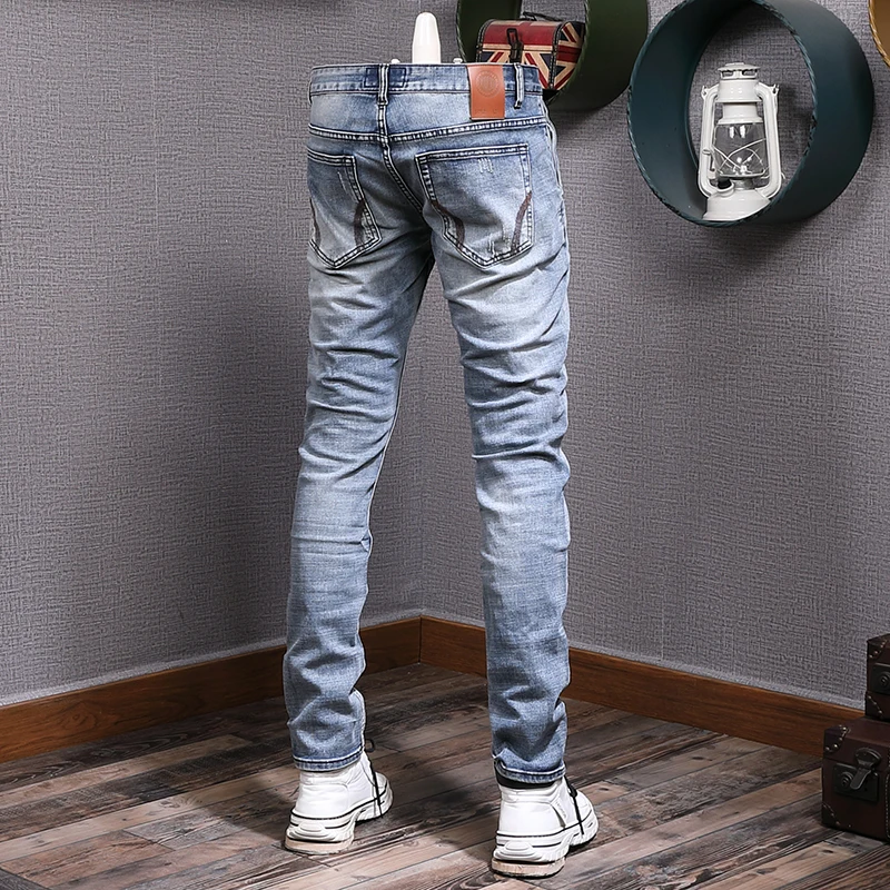Fashion Designer Men Jeans High Quality Retro Light Blue Elastic Slim Fit Ripped Jeans Men Printed Vintage Denim Pants Hombre