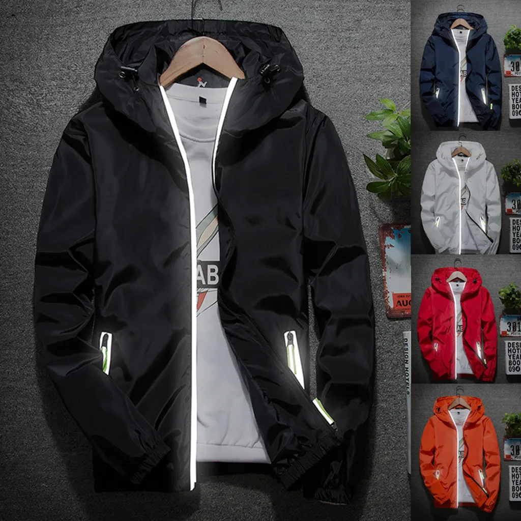 Popular Men Coat Super Thin Hoodie Jacket Reflective Zipper Hood Elastic Cuff Coat Anti Sun Reflective Zipper Outdoor Sport Coat