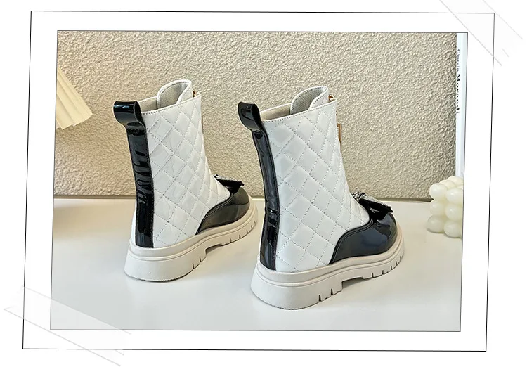 Neue Mädchen-Herbst-Winter-Stiefel mit Schleife und Karomuster, mittelhohe Stiefel mit seitlichem Reißverschluss, rutschfeste, kurze Stiefel, warme, weichsohlige, modische Stiefel für Kinder. – Detail 13