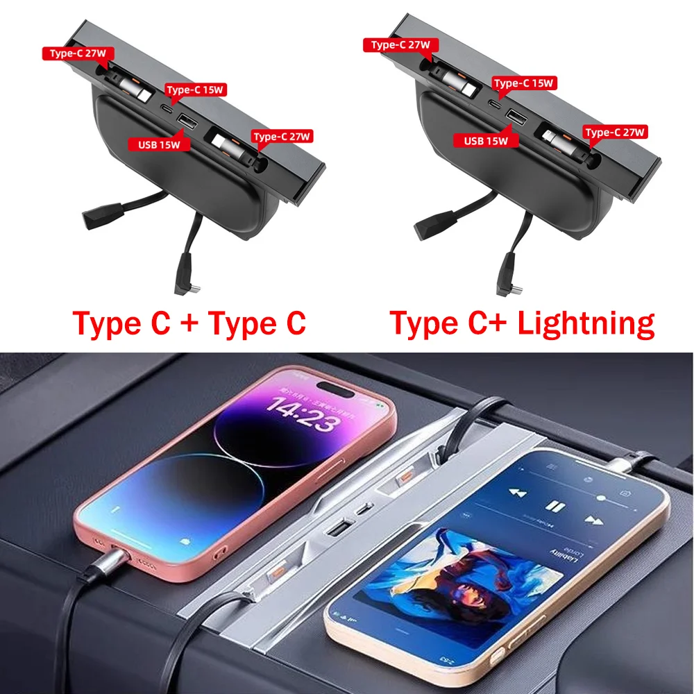 Car USB Hub Charger for Tesla Model Y 2021-2024 & Model 3 2021-2023 | 27W Center Console Docking Station with Retractable 2 Type