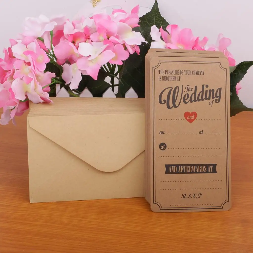 Vintage Wedding Evening Invitations in Brown Kraft with Envelopes Pack of 50