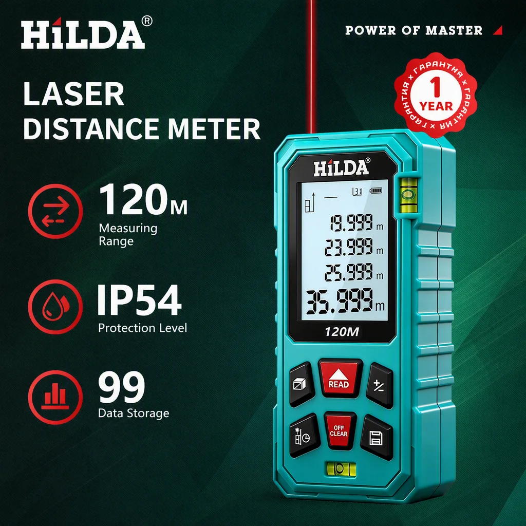 HILDA 120M Laser-Entfernungsmesser mit 99 Datenspeichergruppen, Handlaser-Entfernungsmesser für Bau, Renovierung, Heimwerken und Messungen