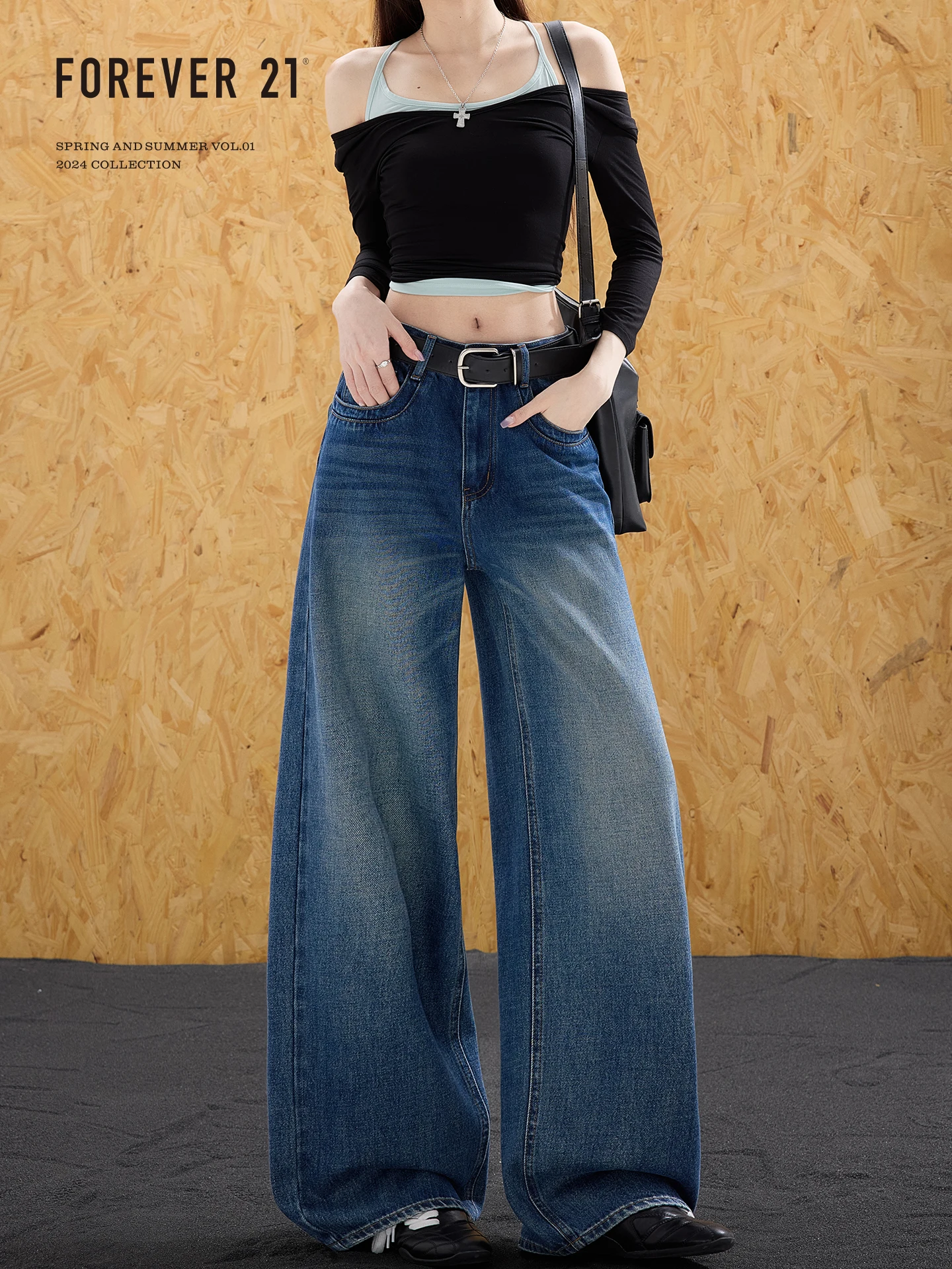 Forever 21 Vintage Deep Blue Pear Shaped Loose Straight Leg Jeans Women's Design Sensation High Waist Slim Wide Leg Pants