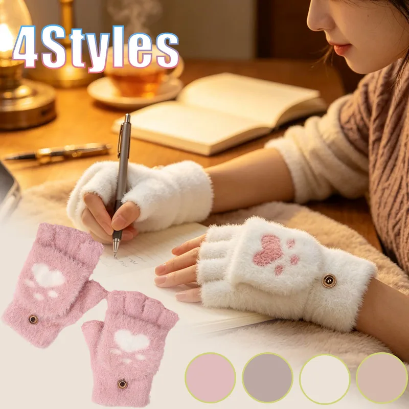 1-10Pairs Warm Half Finger Gloves Fold Back Mitten with Thick Fleece Lining for Writing Riding School Cute Cartoon Print Thermal