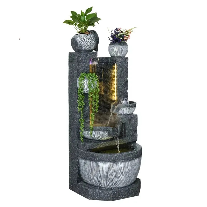 European-style Large Outdoor Fountain with Lighting Garden Decorations Stone Ornaments and Waterfall