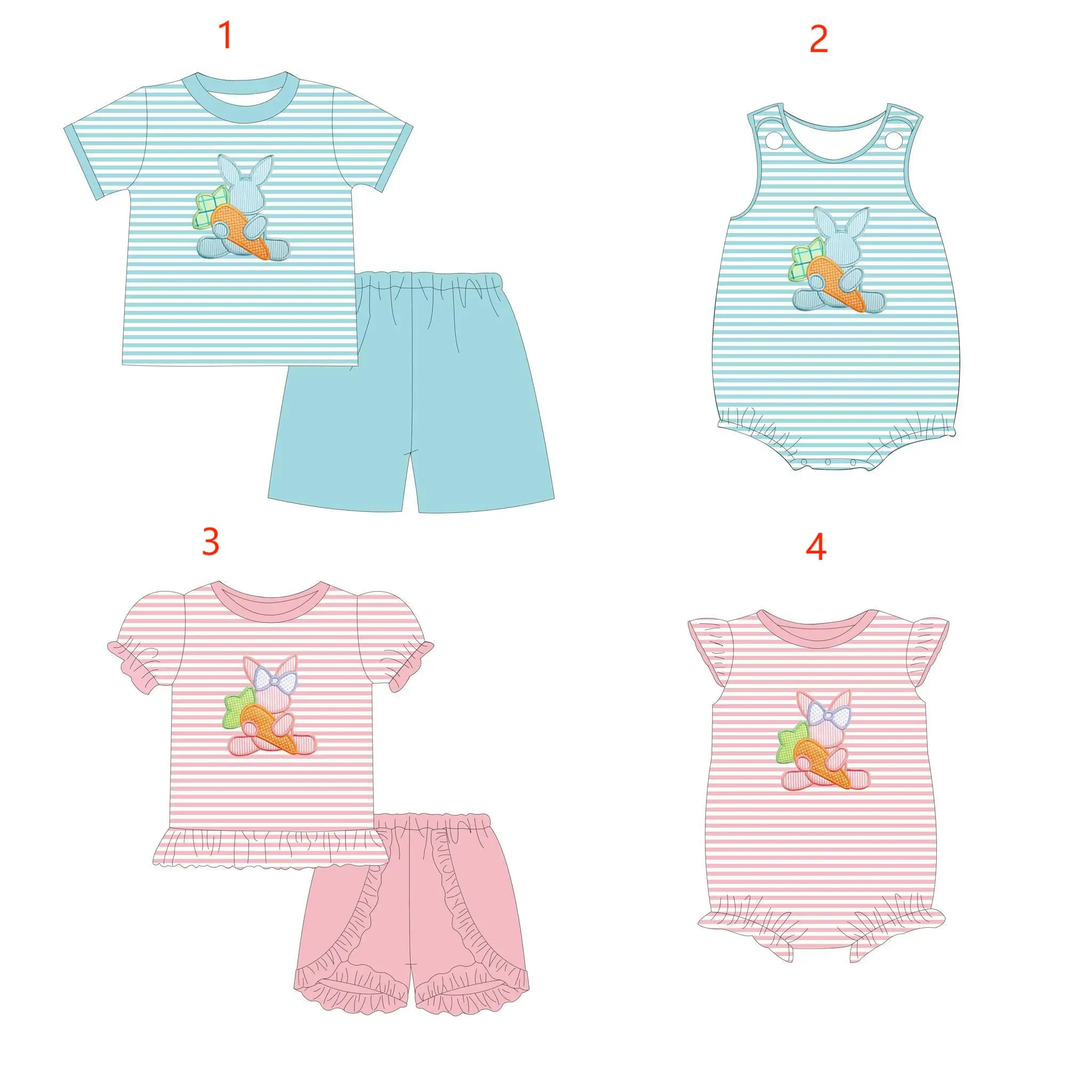 

New Easter Children's Suit Puff Sleeve Rabbit Print Shorts Lace Girls Suit Boy Short Sleeve Striped Suit Baby romper