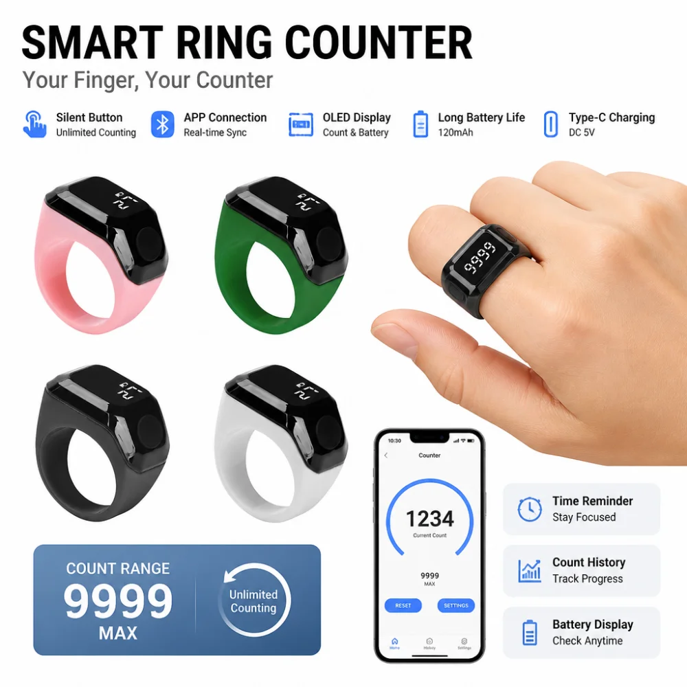 Contador Inteligente de Anéis com App, Display Digital OLED, Bluetooth, Lembrete de Tempo e Contador de Contas de Oração Vestível