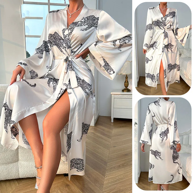 Ladies long satin bathrobe robe long sleeve lace sexy home clothes