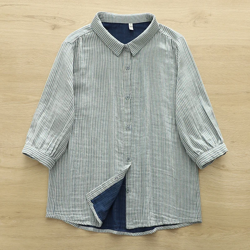 2025年夏新作 コットンヤーン ハーフスリーブシャツ レディース 襟付きストライプ柄 森ガール カジュアル 多機能 ゆったりブラウス T57384CC