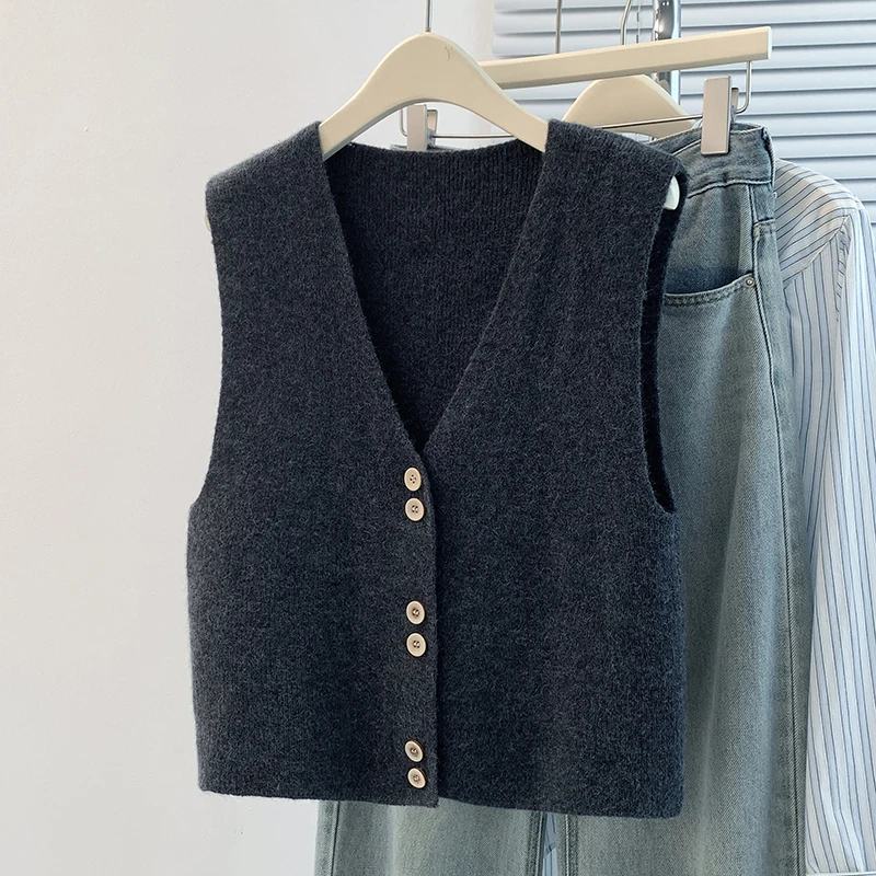 Ele Maglia ort lavorata a maglia Abito da donna a strati Faionable Top Colore puro V-Ne Capispalla autunnale sottile con bottone singolo