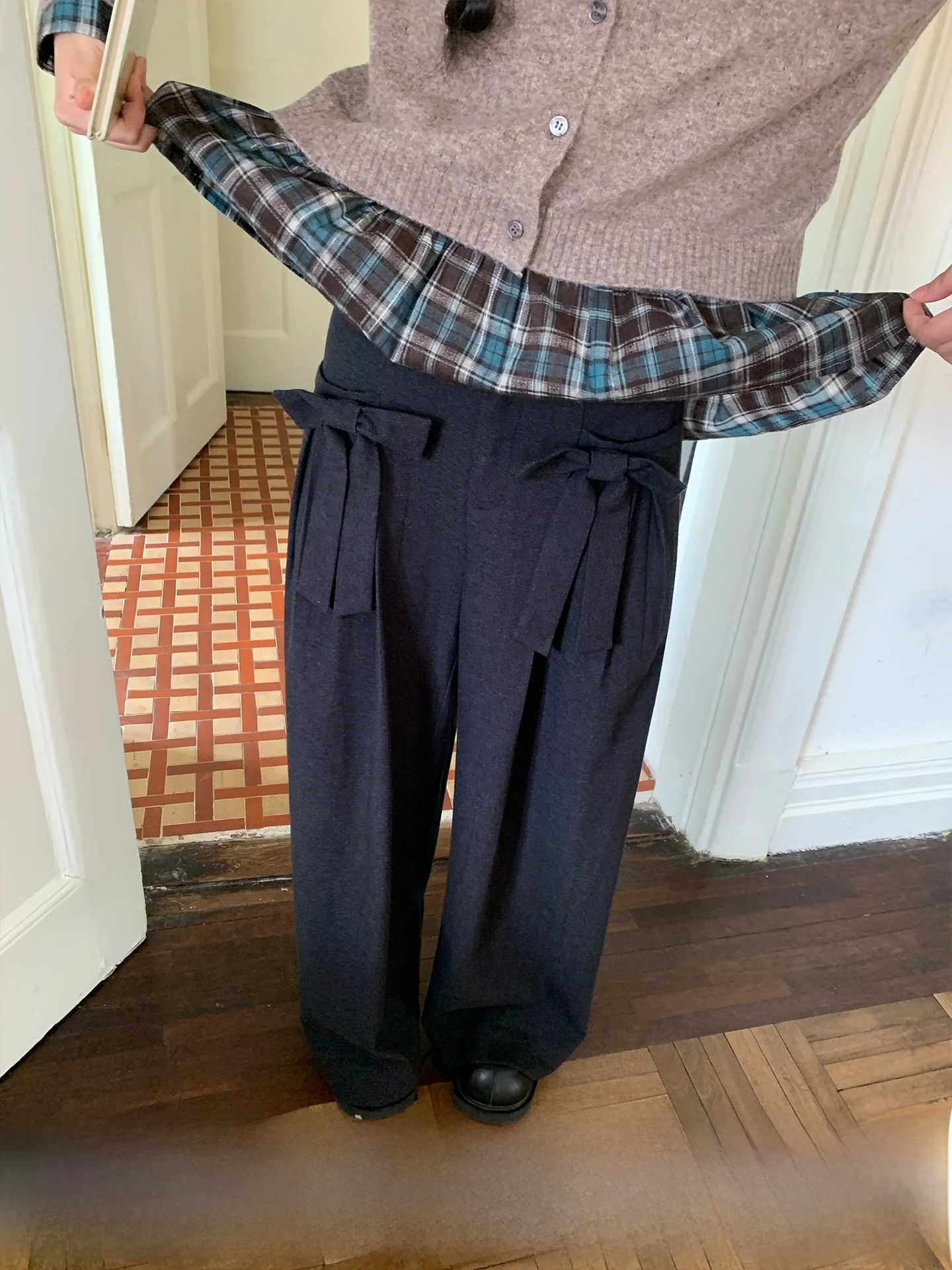 

Holid Map Detachable Knot Fce Wide Leg Pants Women's High Waist Straight Cut Commute Sle Long Trousers