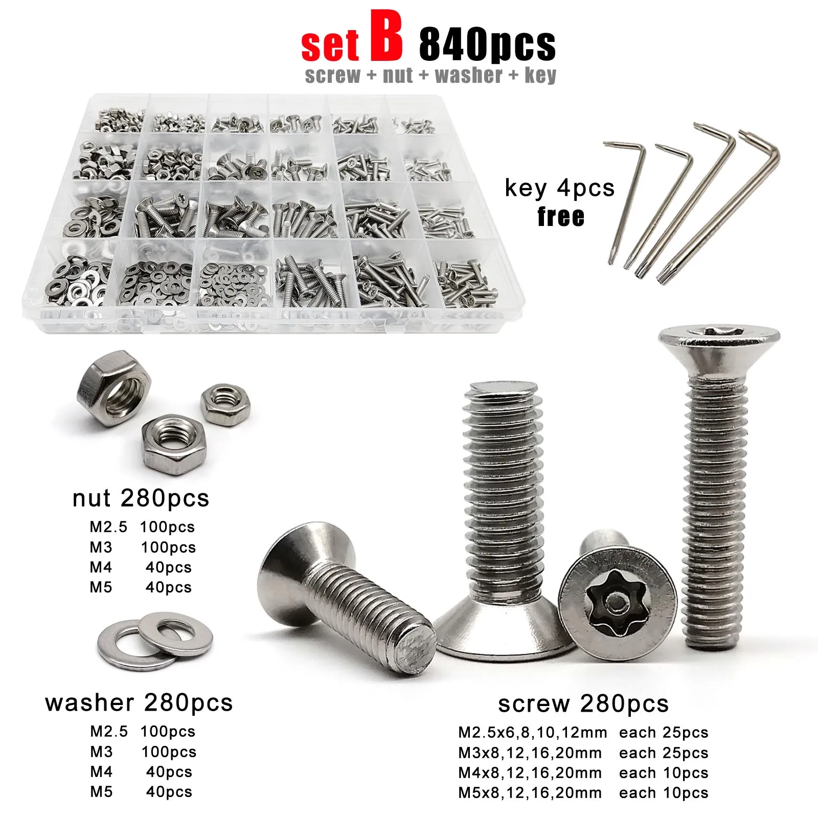 M2.5 M3 M4 M5 Mix Size 304 A2 Stainless Steel Column Pin Torx Flat Countersunk Head Anti-theft Security Screw Bolt Key Set Kit