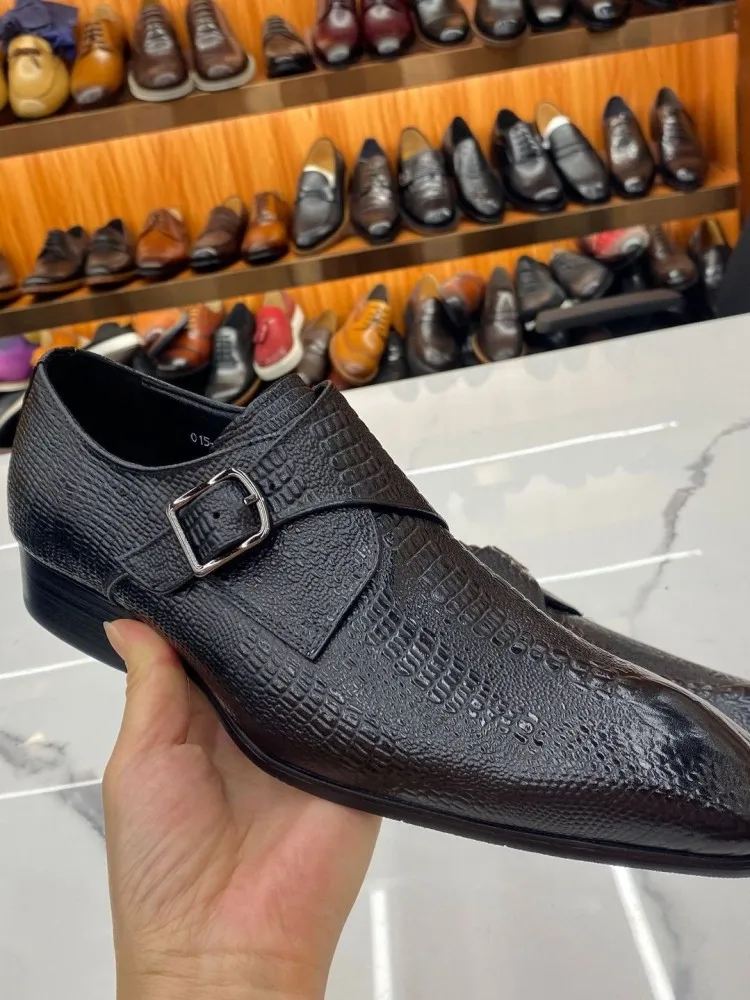 Mens Business Formal Dress Shoes Buckle British Style Genuine Leather Cowhide Pointed Toe Banquet Wedding Shoes Large Size 46 47