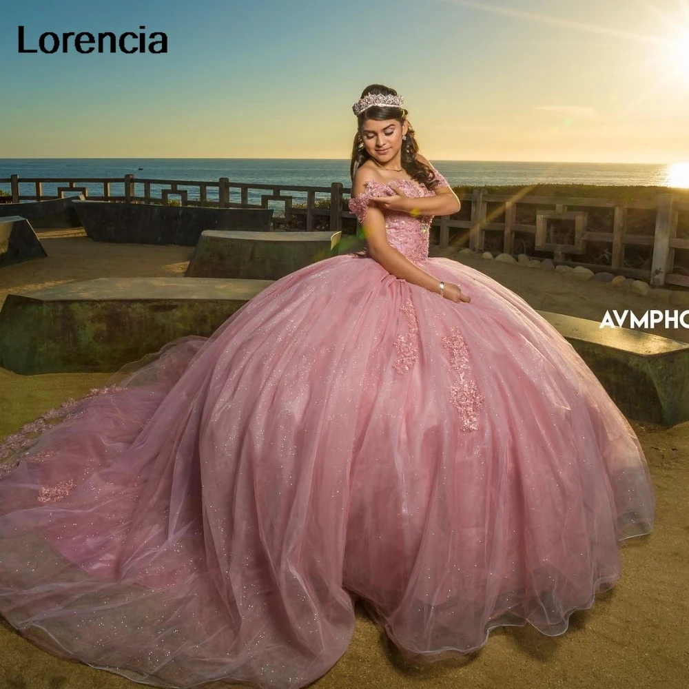 

Lorencia Glitter Pink Quinceanera Dress Ball Gown Tulle Applique Beading Corset Sweet 16 Vestidos De 15 Años Customized YD39