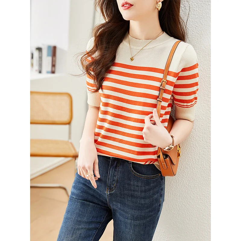 2024 Summer Fashion Slim Fit Retro Versatile Casual Style Round Neck Striped Tshirt Knitted Short Sleeve Ice Silk Top for Women