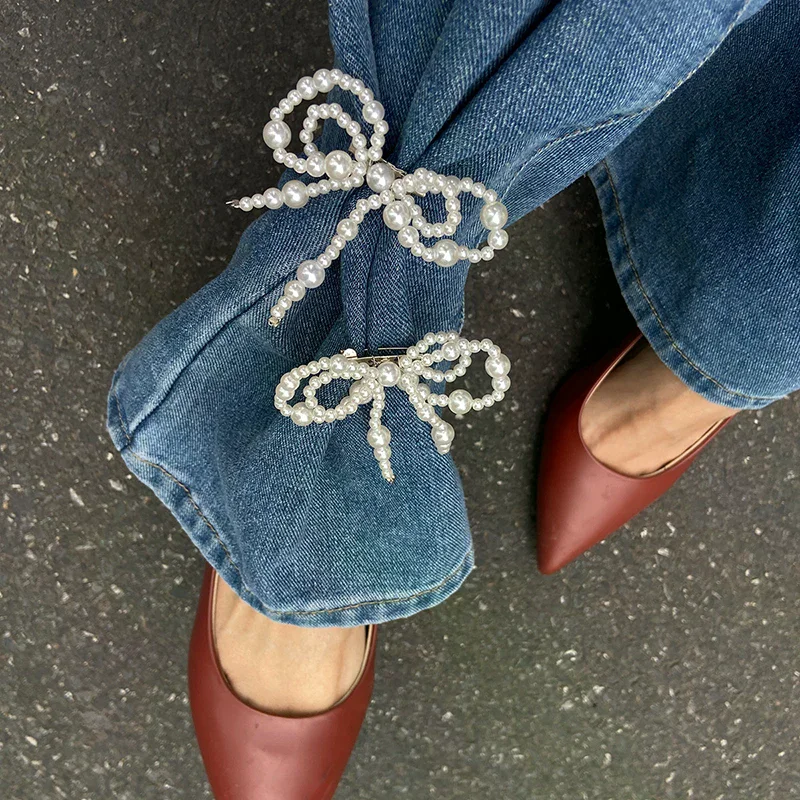 Fashion Imitation Pearl Bow Pin Pants Ankle Chain For Women Jeans Jewelry Trouser Leg Decorative Clothing Accessories
