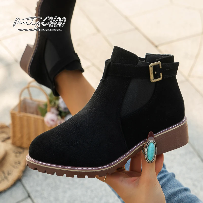 

Classic Faux Suede Leather Chelsea Boots Woman Autumn Casual Flat Short Booties Ladies Buckle Strap Elasic Botas De Mujer