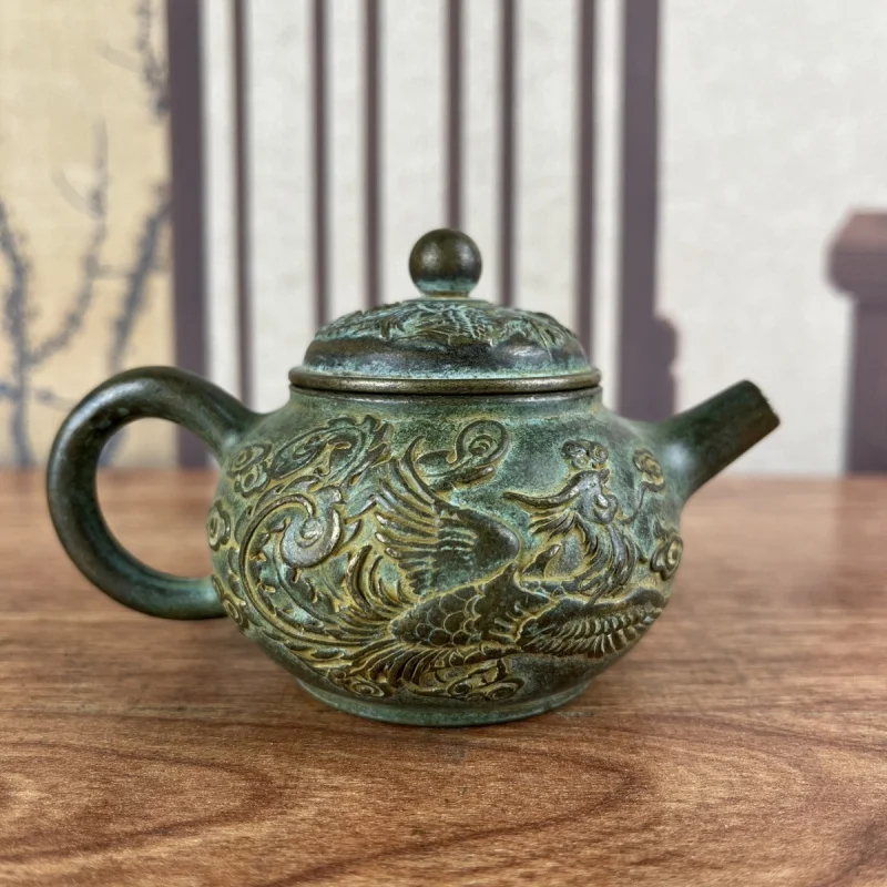 Artículos antiguos antiguos, adorno de bote de vino de dragón y Fénix de cobre puro, decoración del hogar, artesanía, puesto de calle, colección de ganga